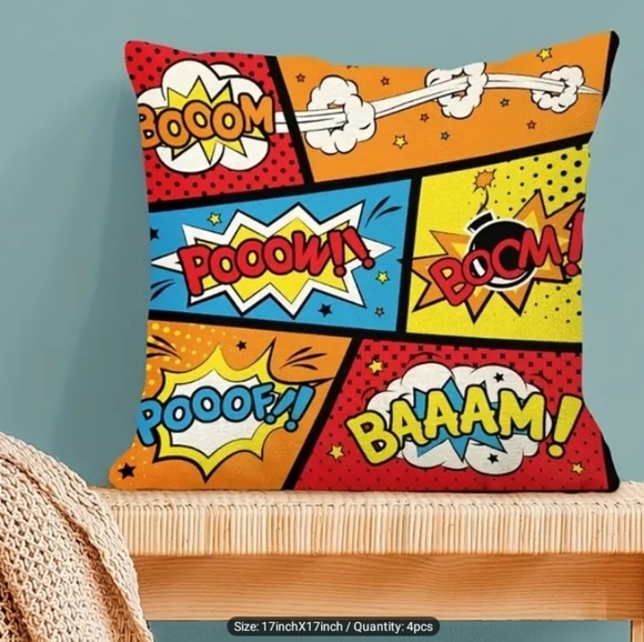 New Home Deco Linen Blend Set of 4 Cartoon Art Fun Retro Pillowcases - Picture 4 of 7